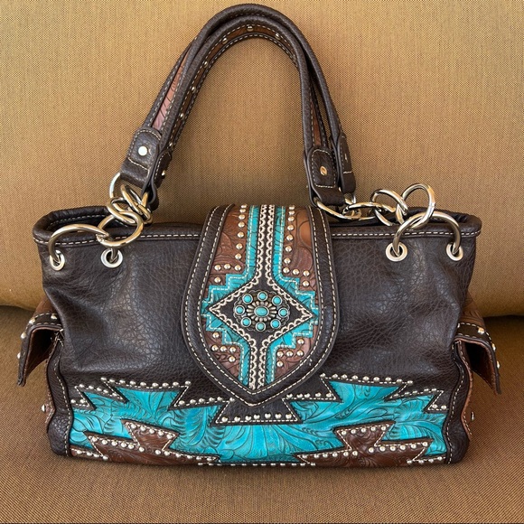 Montana West Handbags - Montana West brown vegan leather with tourquoise embelishments and studs